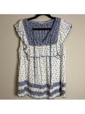 Fat Face British Helen Women’s Size 10 Blue Shell Print ruffle Sleeve Shirt Top